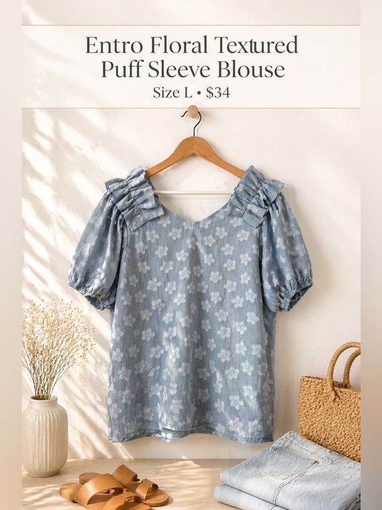 entro Tops - Entro Floral Textured Puff Sleeve Blouse Blue Size L